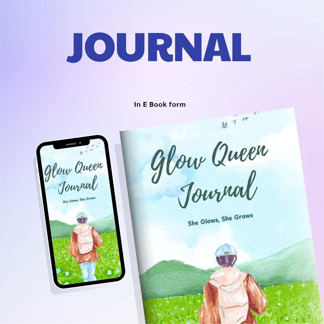 Glow Queen Guide daily self-love journal for women ebook cover with woman walking in a green field