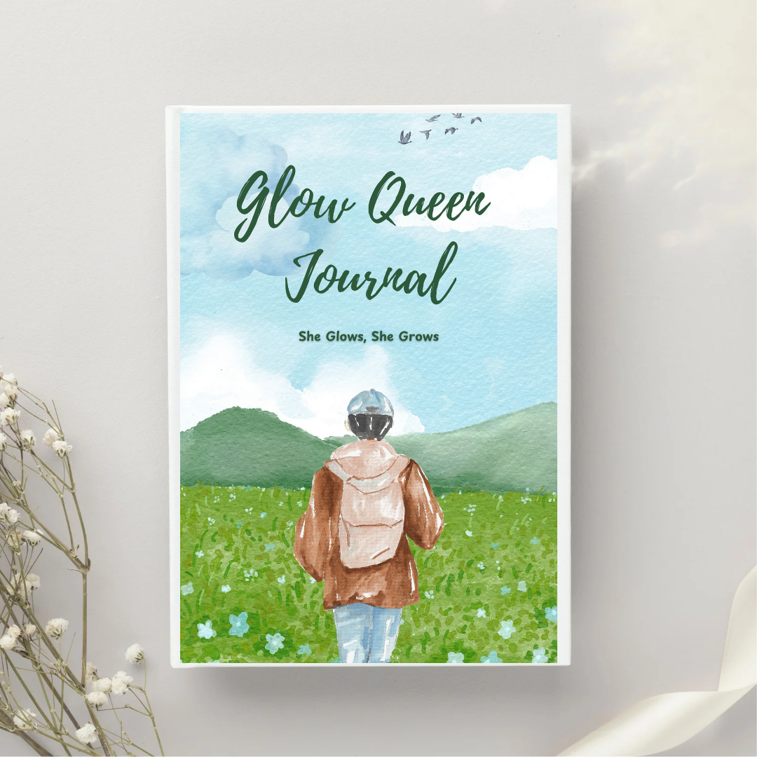 Glow Queen Journal daily self-love journal for women with nature watercolor cover and inspirational quote
